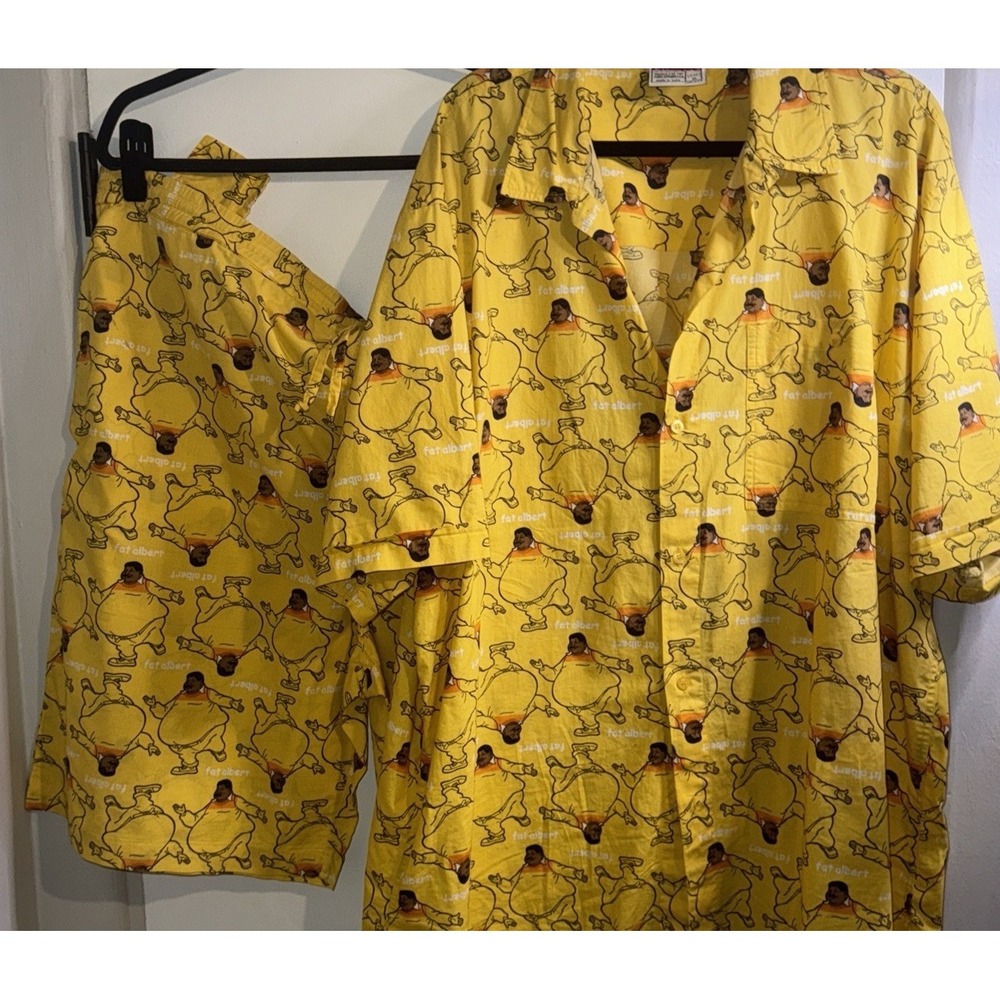 Vtg 90s Y2K Platinum Fubu Sz XL Fat Albert Short And Button Up Shirt Set Yellow